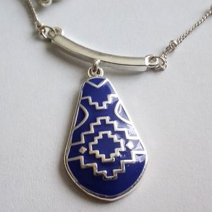 Southwestern Pattern Lapiz Blue Pendant Delicate Silver Tone Bar Chain Necklace